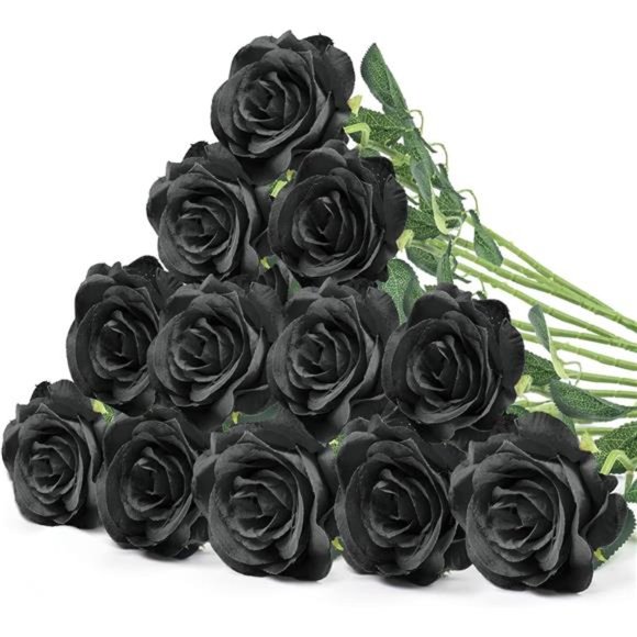 12 PCS Rose Artificial Flowers, Black Fake Roses Realistic Silk Rose - Picture 1 of 7